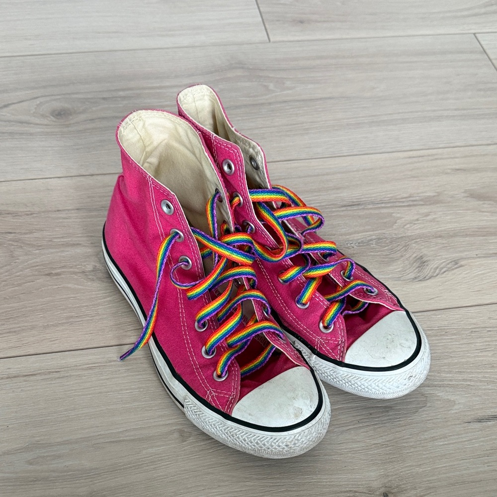 Converse Pink High-Top Sneakers with Rainbow Laces - Picture 2 of 4